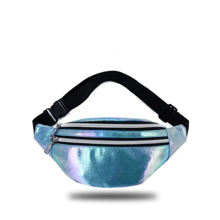 DX Holographic Fanny Pack Hologram Waist Bag Laser Beach Travel Banana Hip Bum Zip Waist Bags Women Belt Bag For Girls