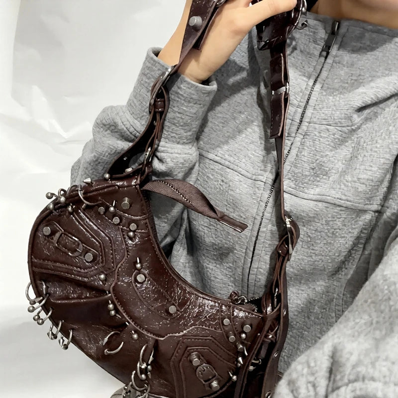  ﻿ 2026 New Women's Fashion Shoulder Bag European Vintage Style Cropped Studded Motorcycle Bag Soft Material Crossbody Design