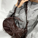  ﻿ 2026 New Women's Fashion Shoulder Bag European Vintage Style Cropped Studded Motorcycle Bag Soft Material Crossbody Design
