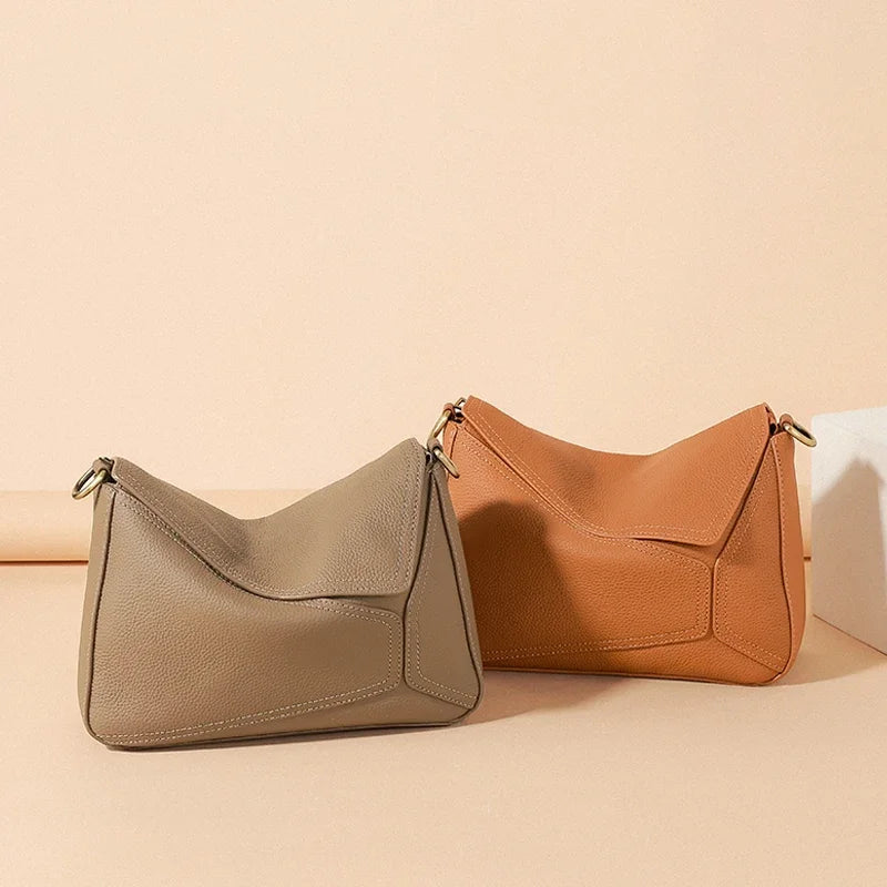 Pure 100% Cowhide Leather Women's Geometric Solid Color Shoulder Bag For Ladies Large Capacity Pillow Crossbody Handbag Luxury