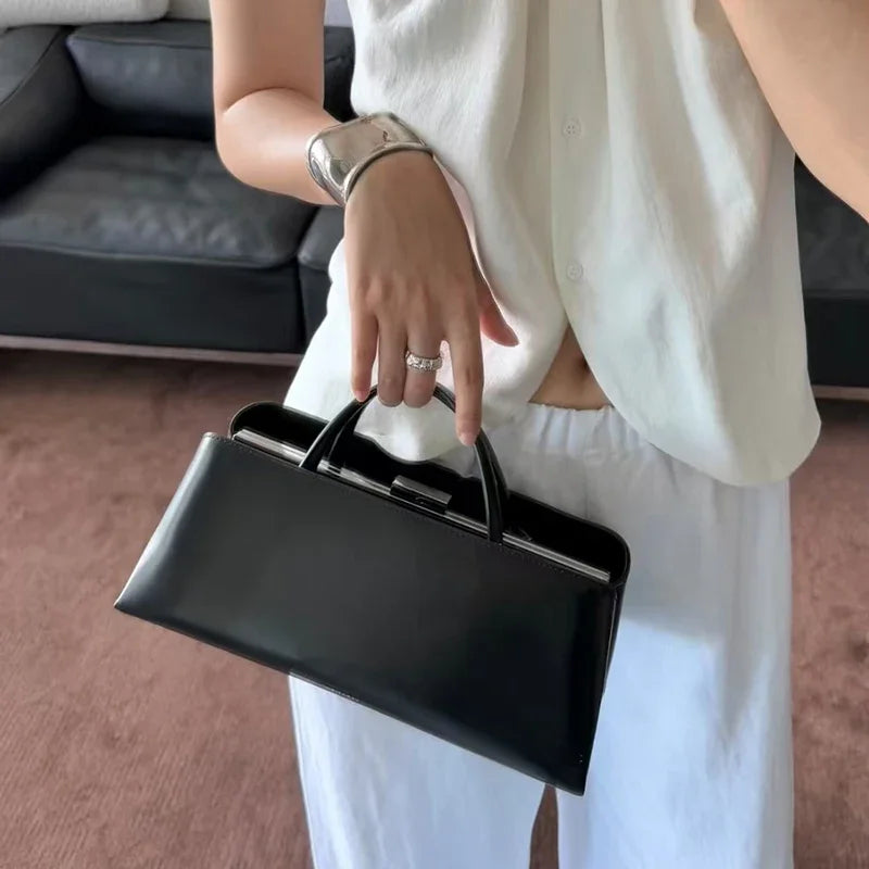 Minimalist Rectangular Frame Handbag Metal Lock Hard Shell Top Handle Bag Elegant Office Commute Shoulder Purse For Women