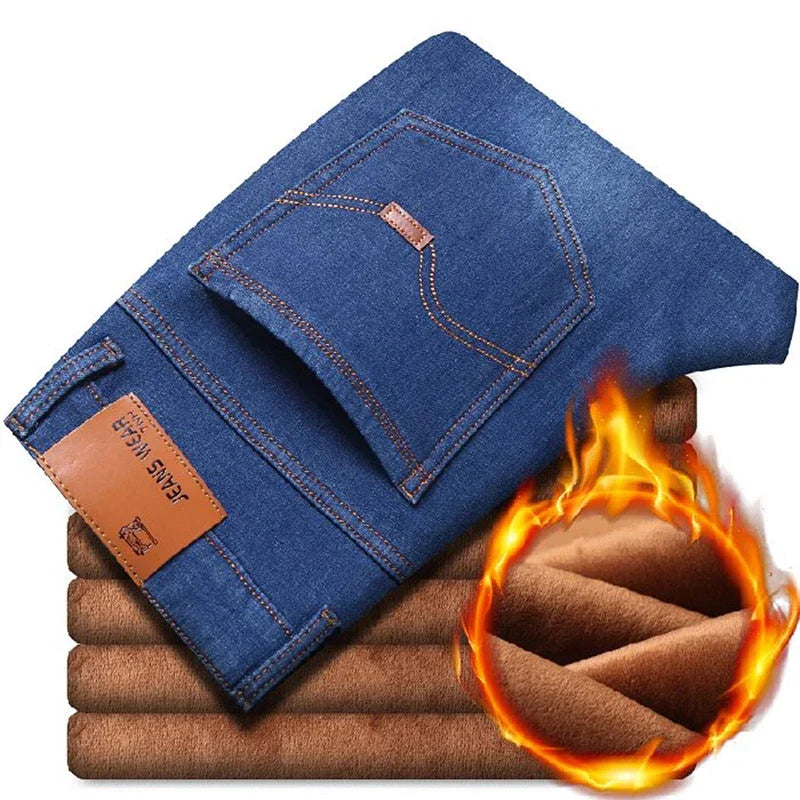 Men Winter Snow Warm Plush  Loose Minimalist Jeans Male Fleece Lined ThickenedStraight Denim Pants Slim Fit Elasticity Trousers