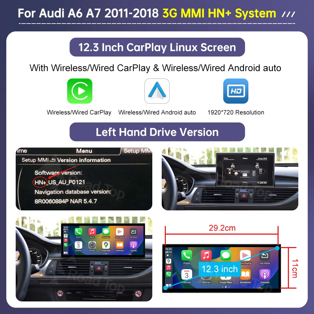 Road Top 12.3" CarPlay Screen for Audi A6 C6 A7 C7