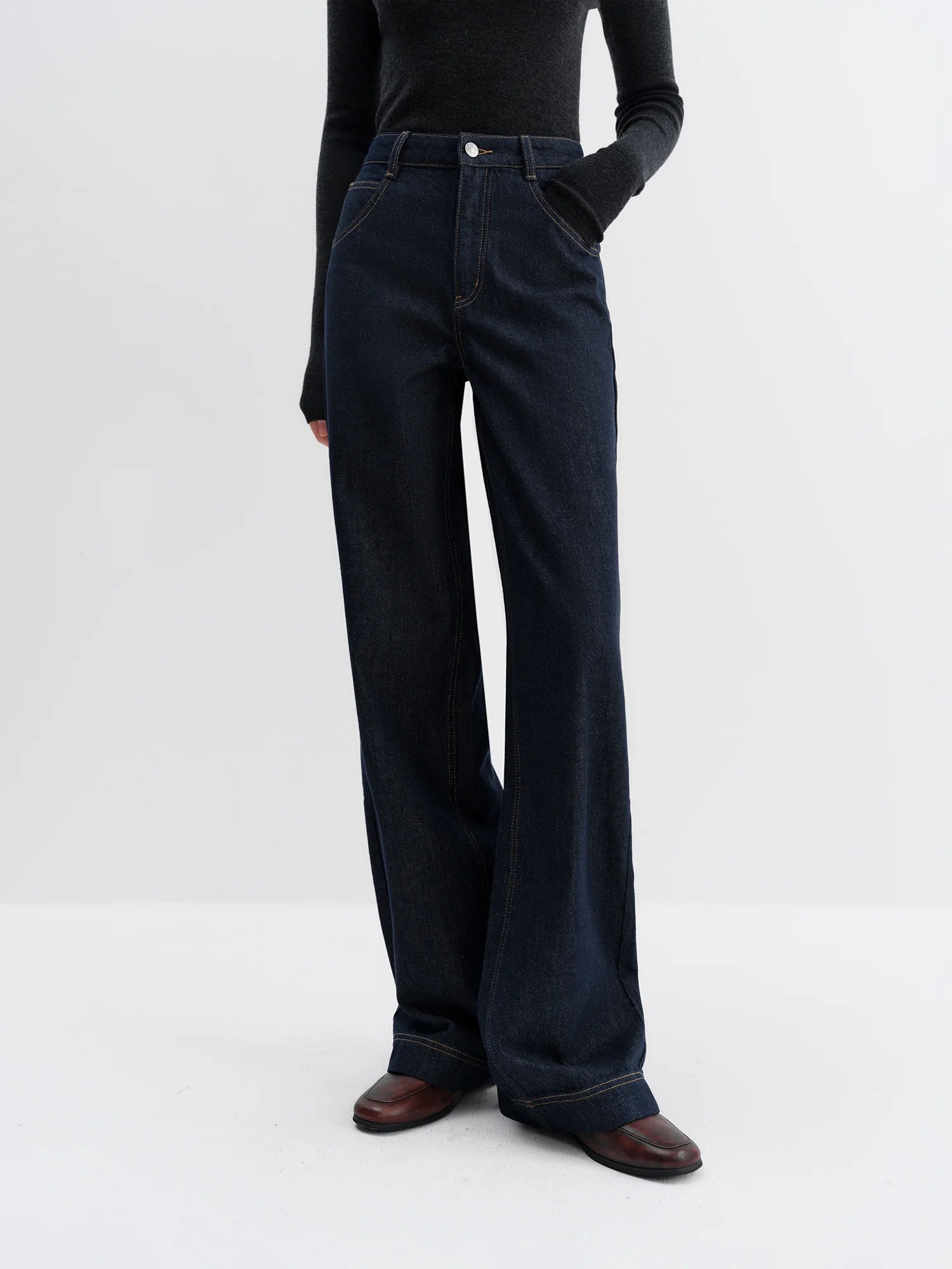 FSLE Straight High Waist Jeans for Women Winter Solid Simple All-match 2025 New Long and Short Versatile Pants Korean Style