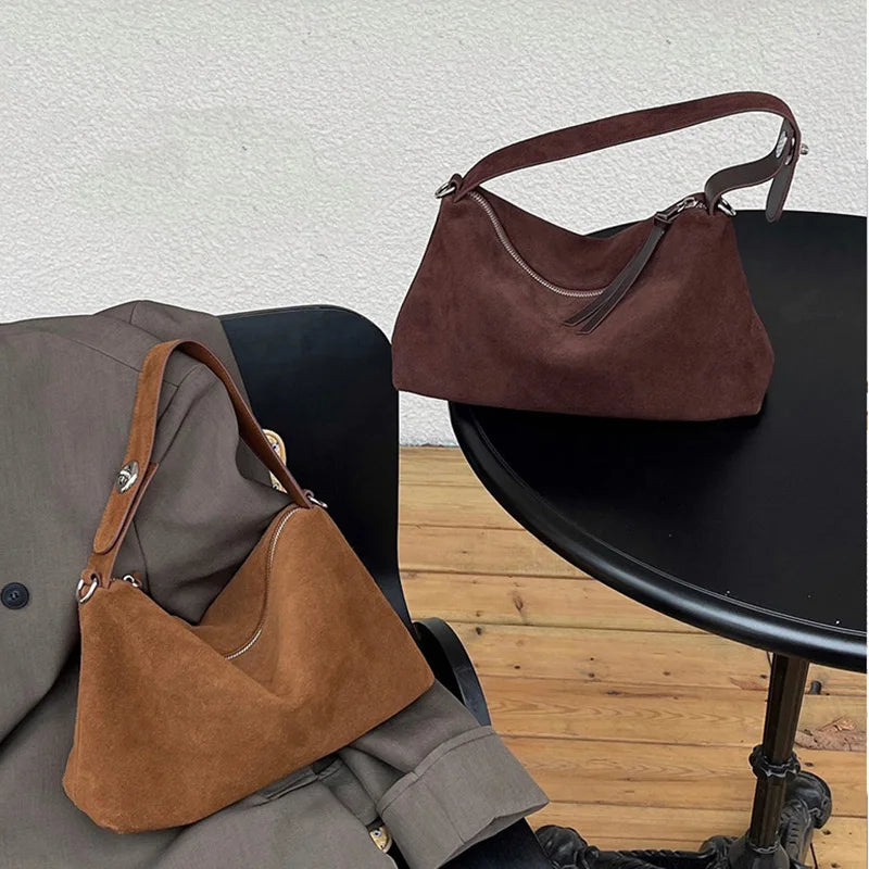 Wholesale Women Suede Bag Female Retro Frosted Cowhide Split Leather Armpit Shoulder Bag Lady Handbag Trendy Crossbody Messenger