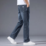 Men's Winter Fleece Thicken Lightweight Business Straight Leg Jeans Solid Color Versatile Slight Elastic Long Pants