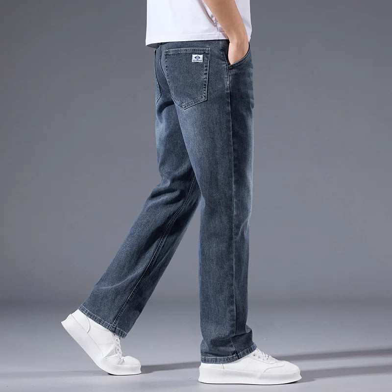 Men's Winter Fleece Thicken Lightweight Business Straight Leg Jeans Solid Color Versatile Slight Elastic Long Pants