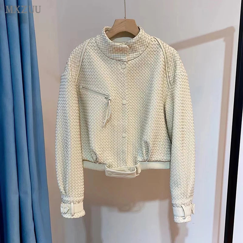 Natural Sheepskin Coat Women Autumn European and American Fashion Short Motorcycle Casual High Quality Hand-Woven Leather Jacket