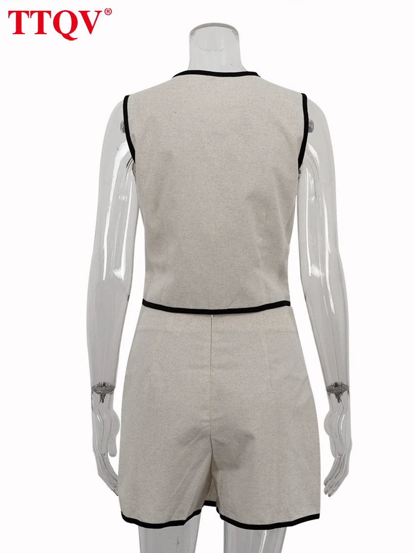 TTQV Summer Slim Khaki Cotton 2 Piece Set Woman Outfit 2025 Fashion Sleeveless Crop Top With High Waist Shorts Set Streetwear