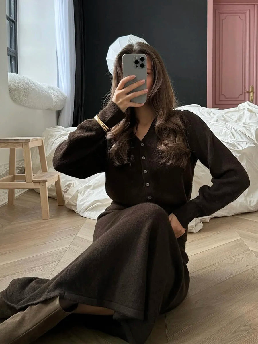 Hirsionsan Sexy Soft Elegant Vintage Women Suits 2 Pieces Female Sets Polo Neck Cardigan Sweater & Midi Dress Knitted TrackSuit