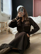 Hirsionsan Sexy Soft Elegant Vintage Women Suits 2 Pieces Female Sets Polo Neck Cardigan Sweater & Midi Dress Knitted TrackSuit