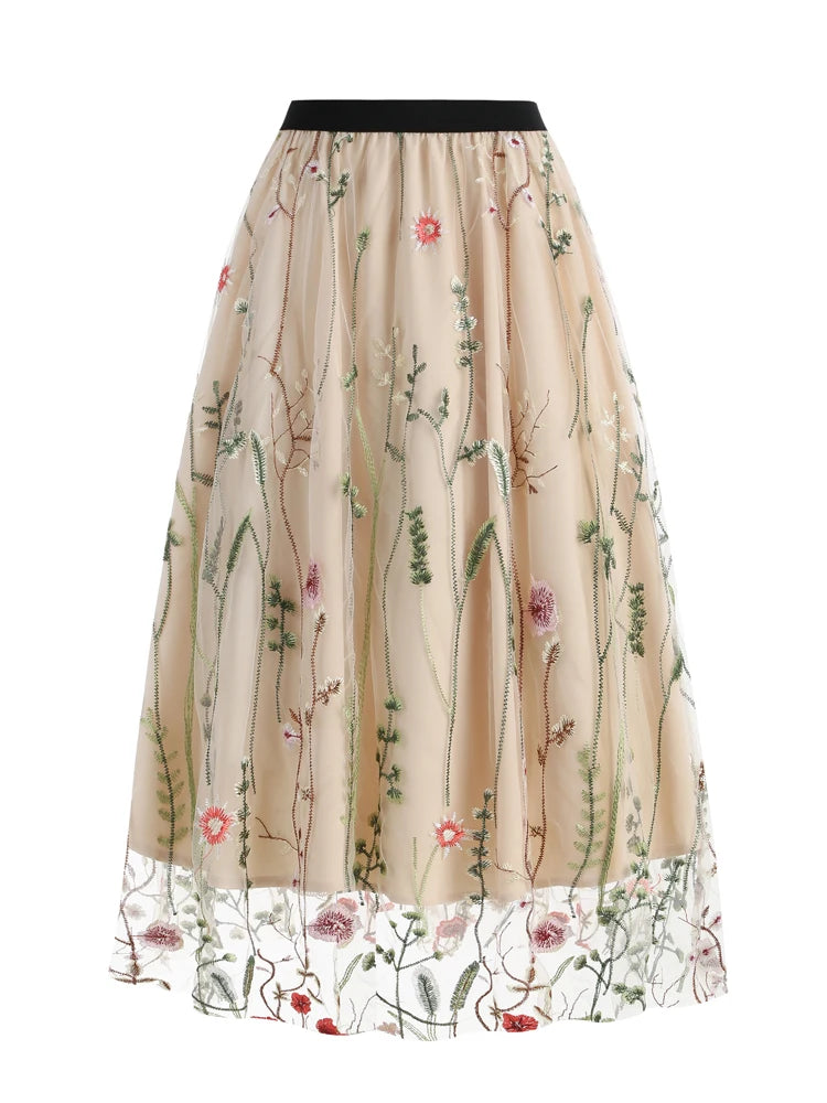 Tonval Floral Embroidered Mesh Midi Skirt – Elegant & Vintage
