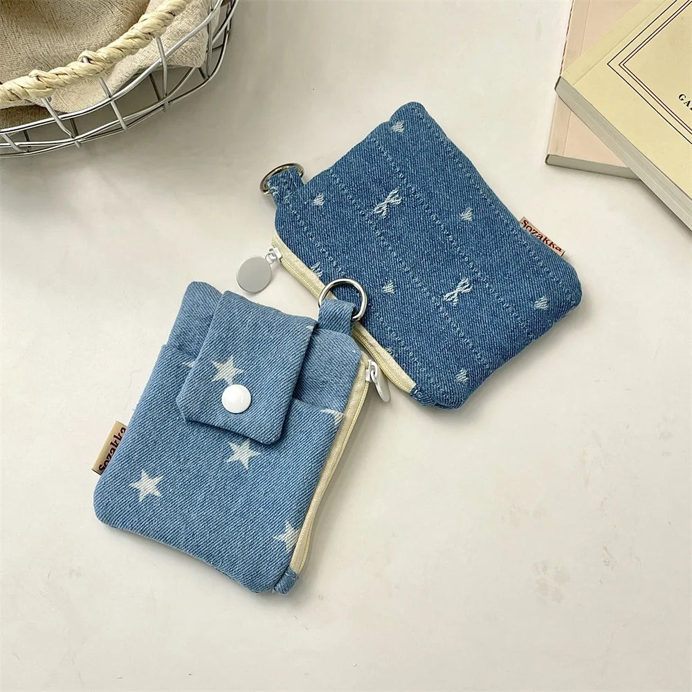 Women Short Wallets Canvas Female Purses Cute Star Bow Card Holder Wallet for Girl Small Zipper Wallet with Coin Purse