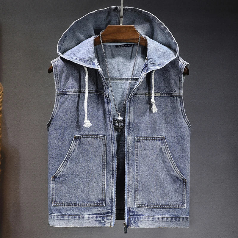 New Men's Loose Workwear Denim Vest with Hood Sleeveless Everyday Versatile Shoulder Pad Jacket Casual Unisex Outerwear