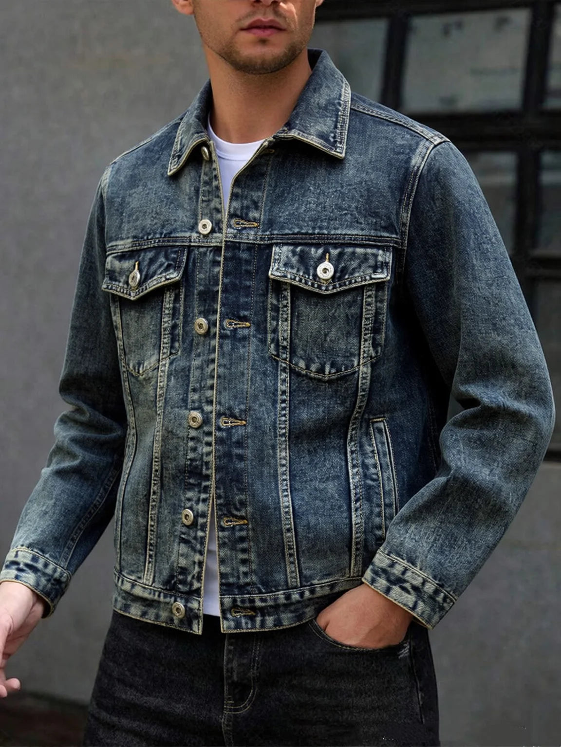 American style multi pocket denim jacket for men blue grey vintage washed loose fitting versatile trendy workwear jacket