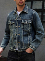 American style multi pocket denim jacket for men blue grey vintage washed loose fitting versatile trendy workwear jacket