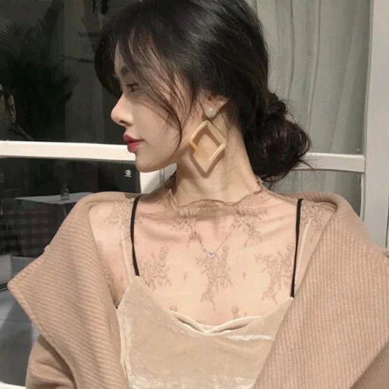 Women’s Floral Lace Mesh Mock Neck Long Sleeve Top