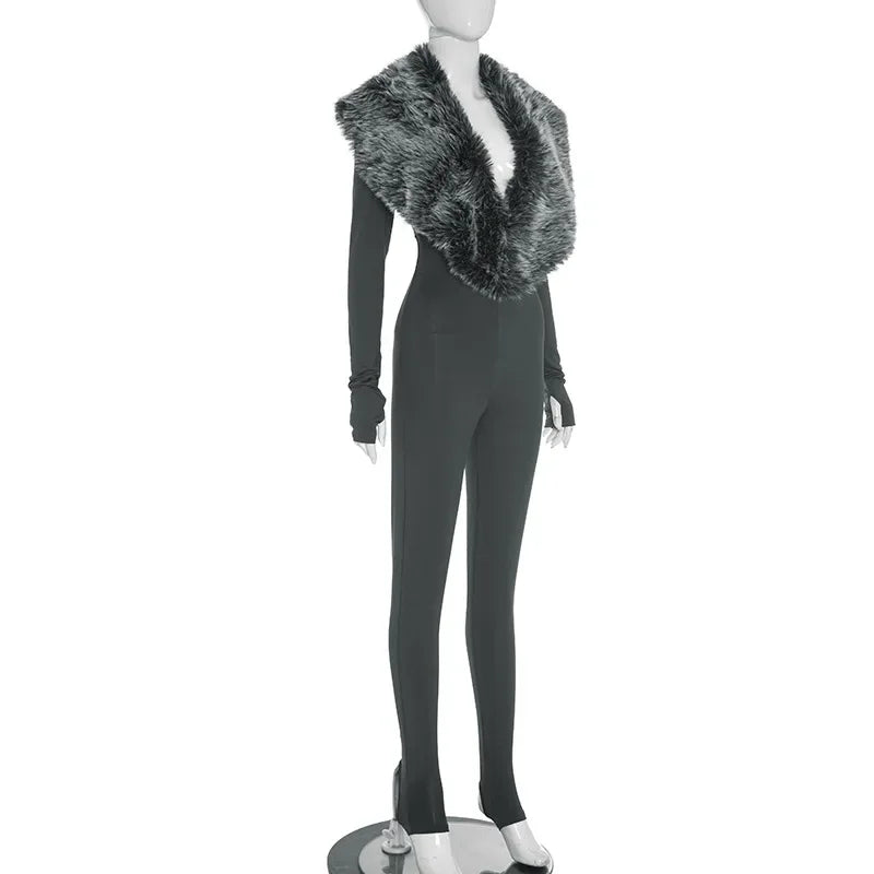 Faux Fur Collar Bodycon Jumpsuit - Slim Fit Cut-Out Streetwear Romper
