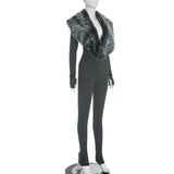 Faux Fur Collar Bodycon Jumpsuit - Slim Fit Cut-Out Streetwear Romper