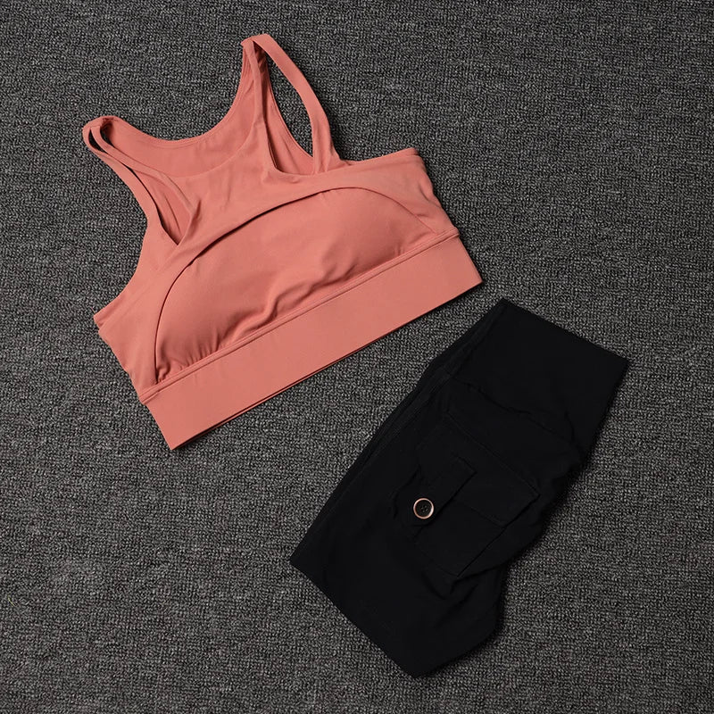 Fitness Shorts Yoga Sets Women's Tracksuit High Waist Sportswear Bra Workout Leggings Cycling Gym Shorts Sports Suit With Pocket