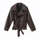 Women's Dark Red Zipper Leather Short Jackets Chic Long Sleeve Lace Up Lapel Loose Button Coat Lady Daily High Street Wear 2025