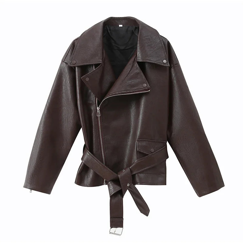 Women's Dark Red Zipper Leather Short Jackets Chic Long Sleeve Lace Up Lapel Loose Button Coat Lady Daily High Street Wear 2025
