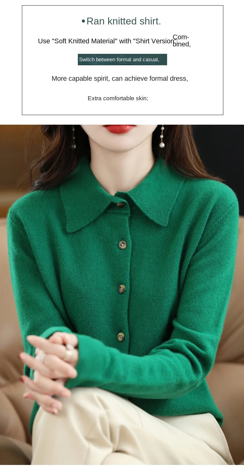 Polo Collar Spun Wool Cardigan – Elegant Single-Breasted Knit Jacket