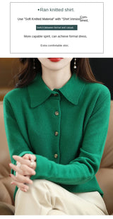 Polo Collar Spun Wool Cardigan – Elegant Single-Breasted Knit Jacket