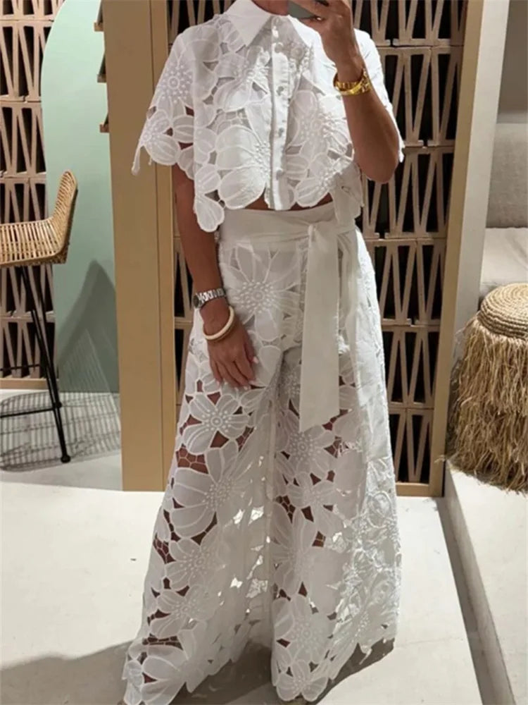 Wmstar Two Piece Set Women Hollow Out  Wide Leg Pants Sets Matching Casual Lace Suit Suits Wholesale Dropshipping New Style
