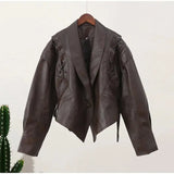 Women Vintage Brown Leather Jacket Lapel Padded Shoulder High Waist Leather Coat With Belt 2025 Lady Autumn Fashion Short Coats