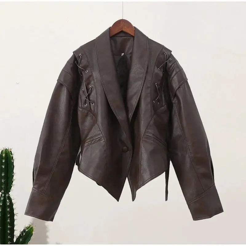 Women Vintage Brown Leather Jacket Lapel Padded Shoulder High Waist Leather Coat With Belt 2025 Lady Autumn Fashion Short Coats