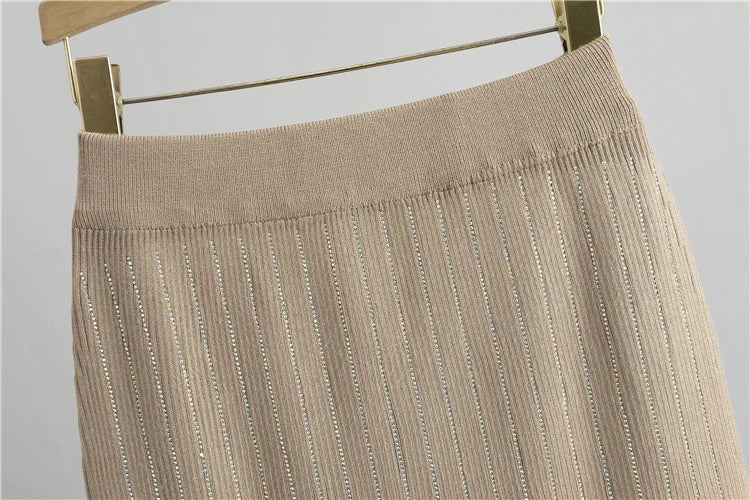 2025 new women's Knitted Cardigan High Waisted Buttocks Wrapped  Skirt 2 Piece Suits Luxury Hot Diamond Fashion Sets