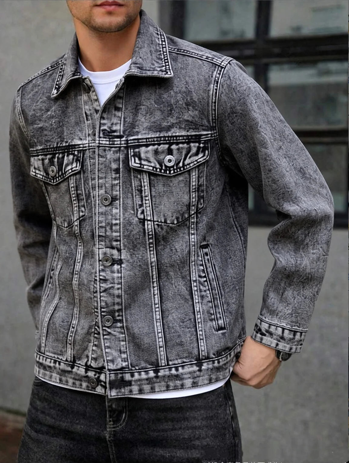 American style multi pocket denim jacket for men blue grey vintage washed loose fitting versatile trendy workwear jacket