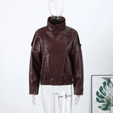 2026 Autumn Women's Faux Leather Jacket Brown Black Long Sleeve Stand Collar Thick Loose Lady Coat Fashion Motorcycle Streetwear