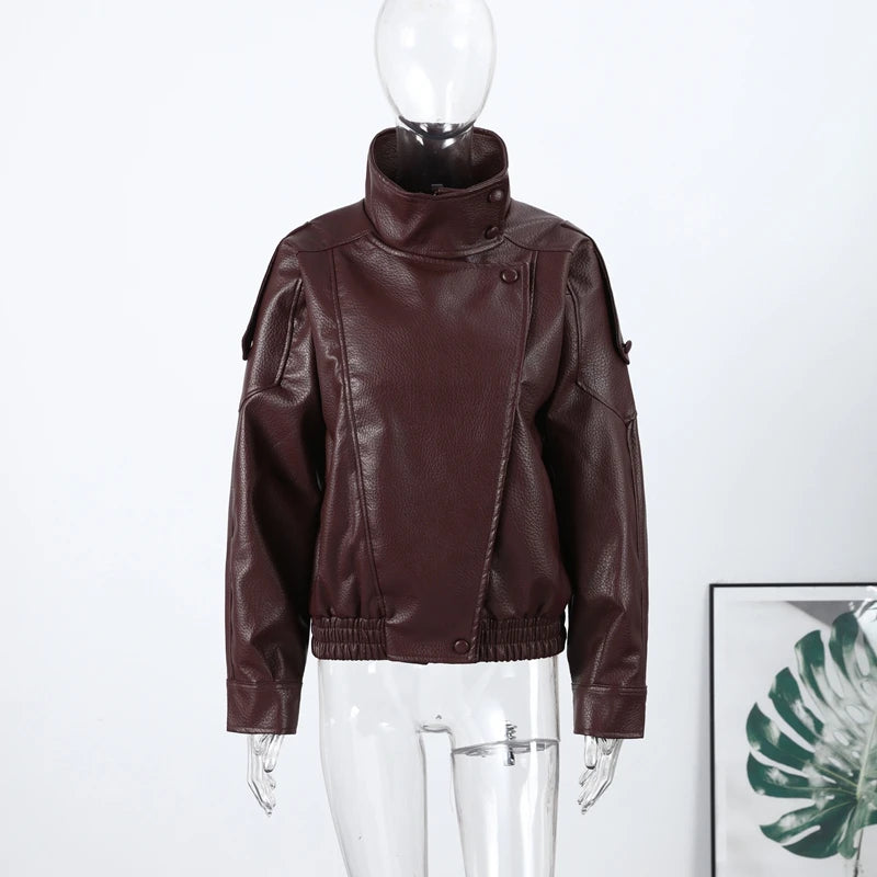2026 Autumn Women's Faux Leather Jacket Brown Black Long Sleeve Stand Collar Thick Loose Lady Coat Fashion Motorcycle Streetwear