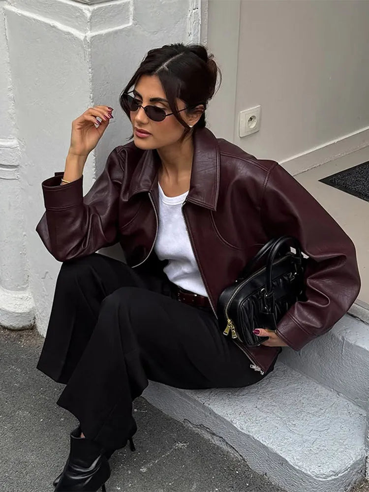 Women's Wine Red Pu Leather Short Jacket Fashion Autumn Lapel Collar Zipper High Street Loose Overcoats Ladies Button Outerwears