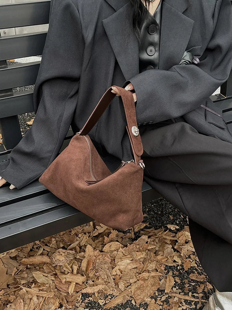 Wholesale Women Suede Bag Female Retro Frosted Cowhide Split Leather Armpit Shoulder Bag Lady Handbag Trendy Crossbody Messenger