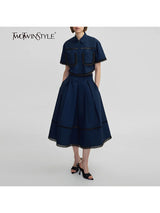 TWOTWINSTYLE Solid Two Piece Sets For Women Lapel Short Sleeve Tops High Waist A Line Skirt Slimming Sets Female Fashion Style