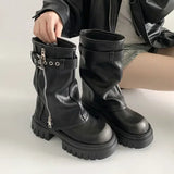 Women's Biker Boots – Belt Buckle Platform Mid-Calf