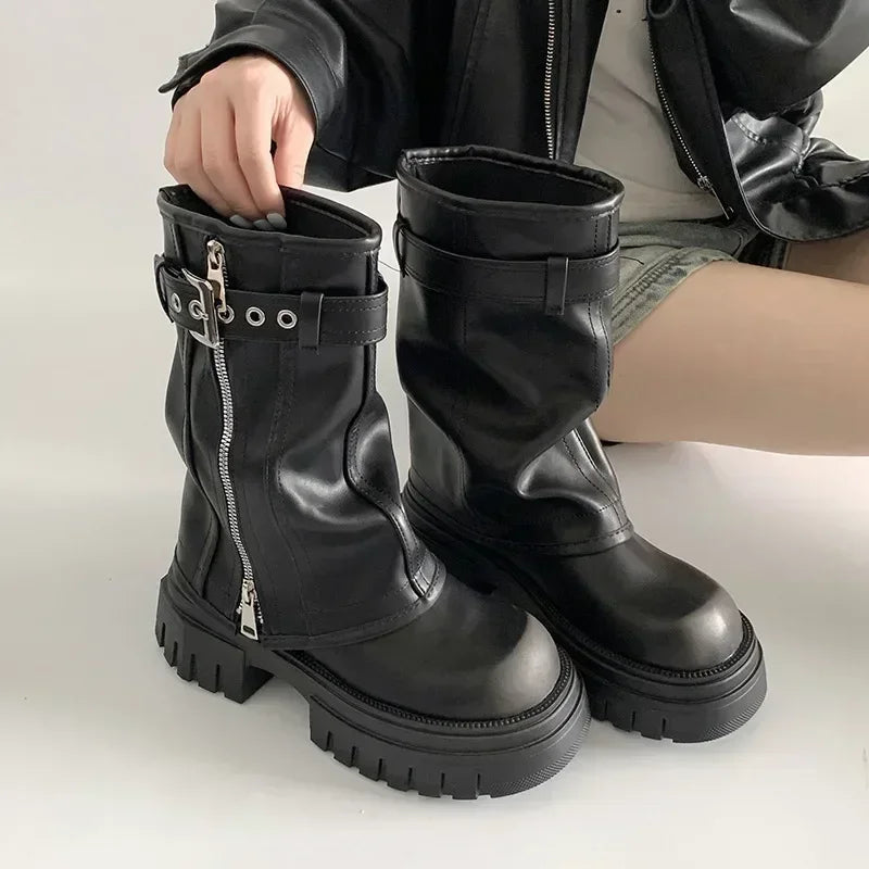 Women's Biker Boots – Belt Buckle Platform Mid-Calf