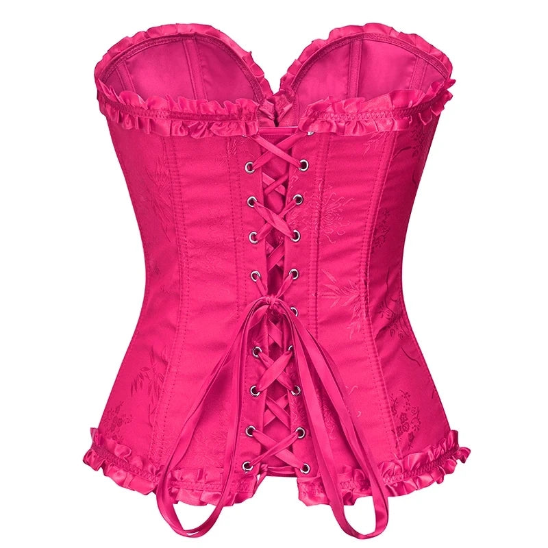 USA-Made Jacquard Ruffled Overbust Corset – Gothic Victorian Push-Up Bustier