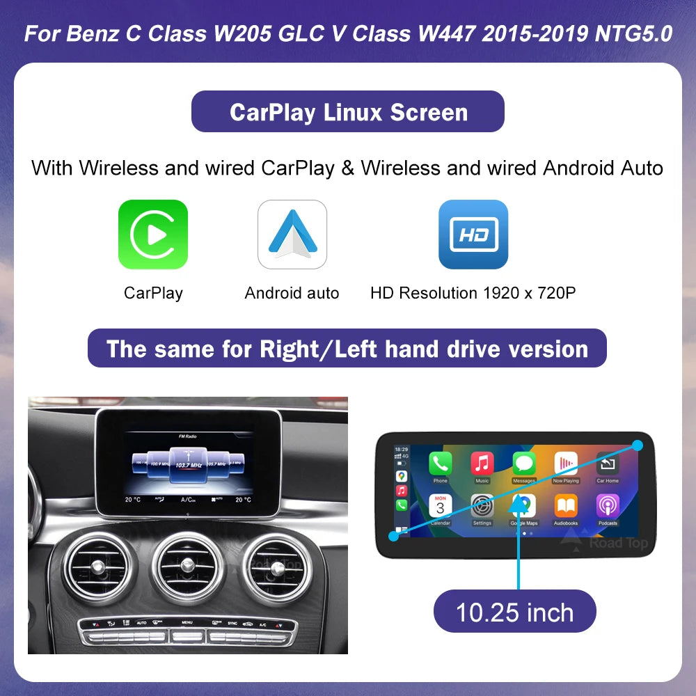 Linux CarPlay Screen for Mercedes-Benz W205 GLC V-Class | Wireless Android Auto