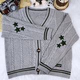 Chic Vintage Star Print Knit Cardigan - V-Neck Aesthetic Preppy Sweater