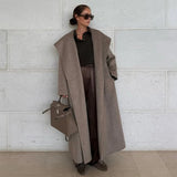 Navy Collar Lace Up Woolen Long Coat Women Elegant V-neck Full Sleeves Pockets Loose Overcoat 2026 Spring Lady Daily Street Wear
