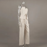 Mueyaruho Women 2026 Summer Office Pant Set Suits Solid Beige Outfits 2 Two Piece Wide Leg Matching Set For Women