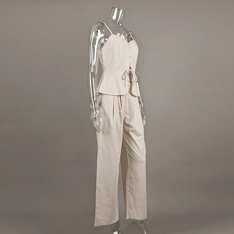 Mueyaruho Women 2026 Summer Office Pant Set Suits Solid Beige Outfits 2 Two Piece Wide Leg Matching Set For Women