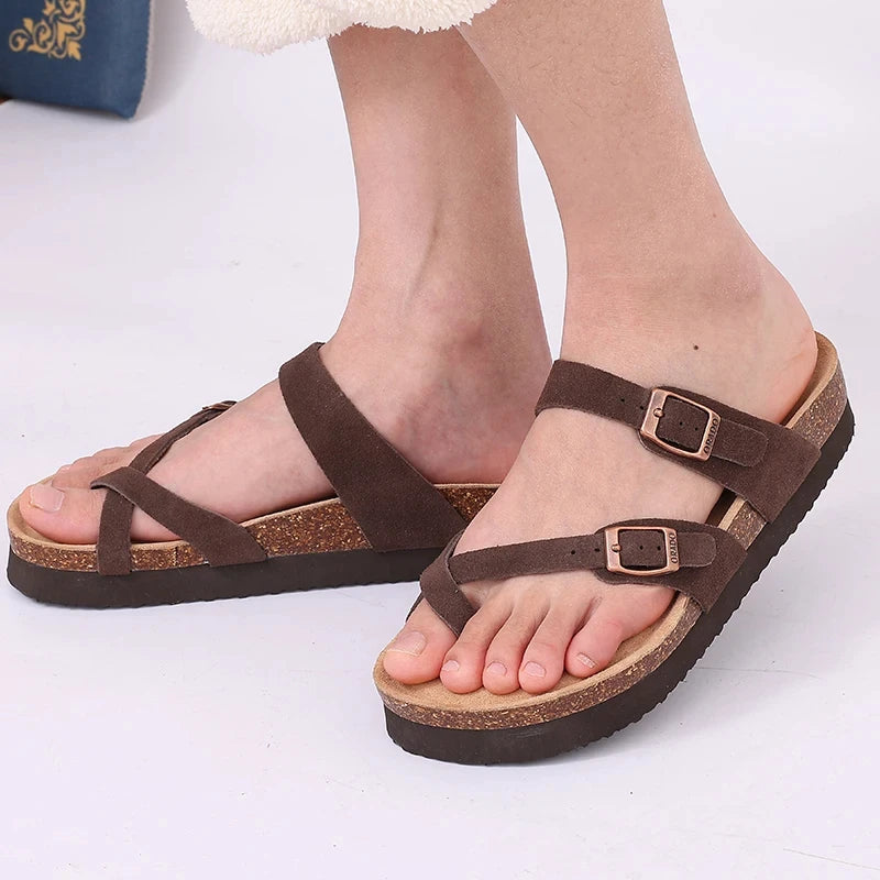 Comwarm Men's Cork Footbed Slides Sandals Arch Support Summer Outdoor Sandals with Adjustable Buckle Leisure Men Leather Slides