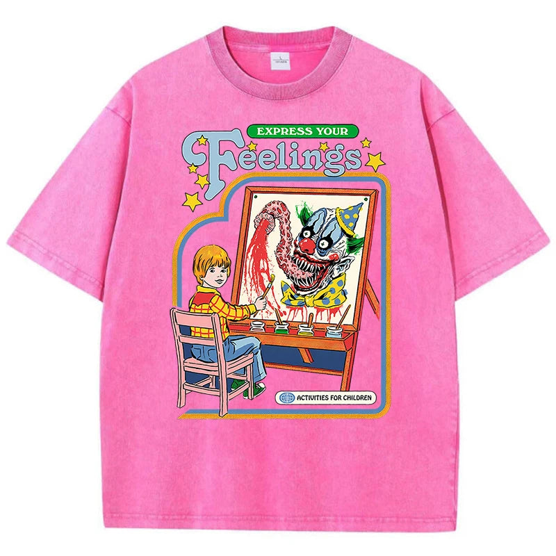 Unisex Washed Vintage Clown Graphic Cotton T-Shirt