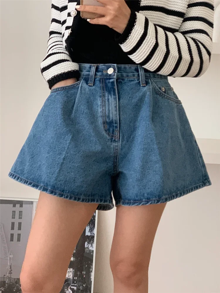 High-Waist Washed Denim Wide-Leg Shorts -Made Casual Blue Jean Shorts