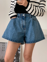 High-Waist Washed Denim Wide-Leg Shorts -Made Casual Blue Jean Shorts